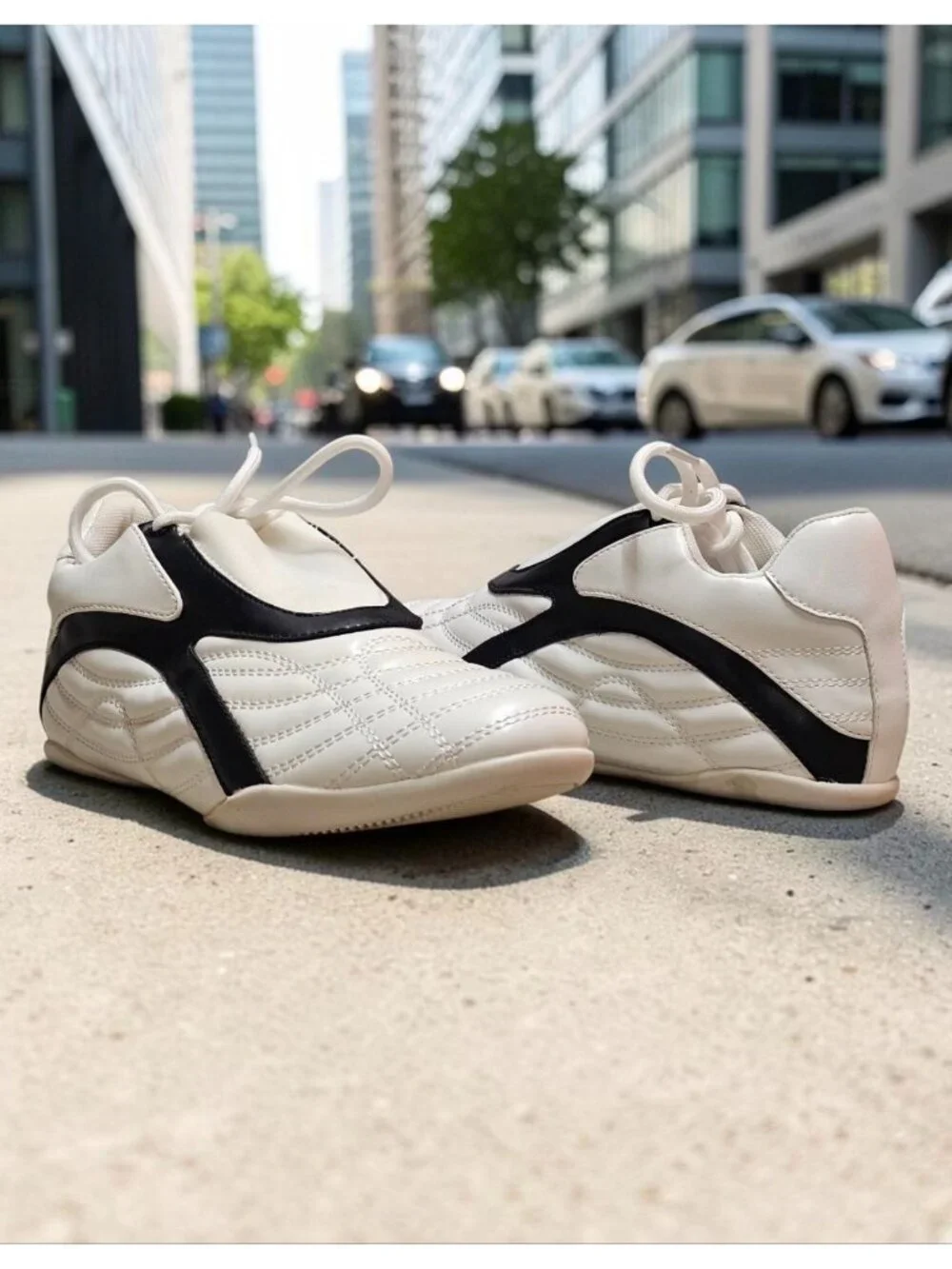 Quilted White Sneakers With Black Contrast Detailing Womens Casual Athletic Shoe